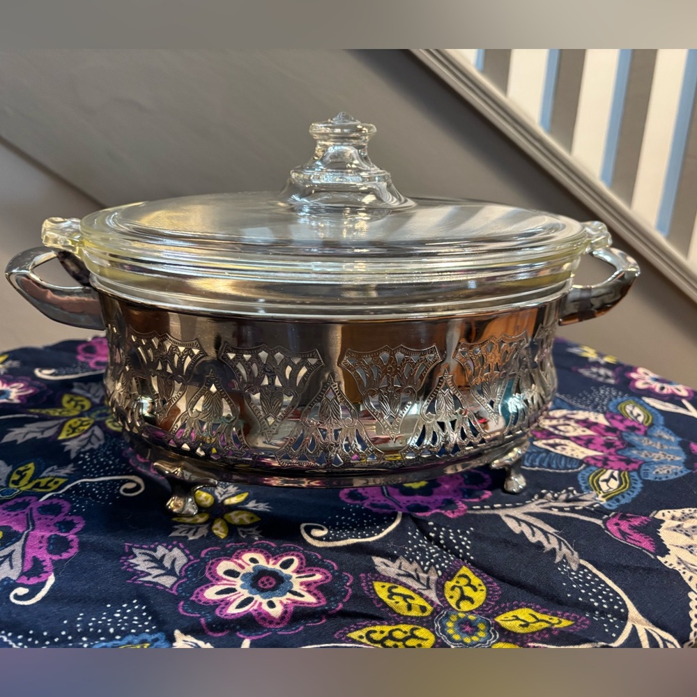 Antique 1920's Pyrex w/Art Deco silver tone plated metal holder